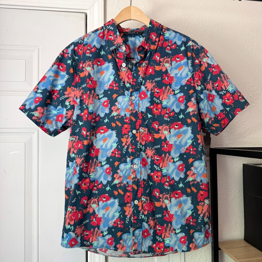 POLER skateboards navy blue floral cotton‎ short sleeve button up shirt